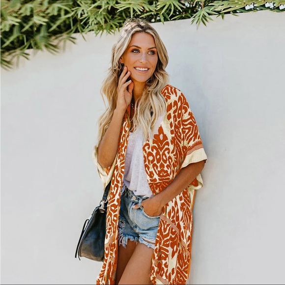 🔥NEW🔥rayon printed kimono robe cover up with tassels in ORANGE 🧡 print - Picture 1 of 7